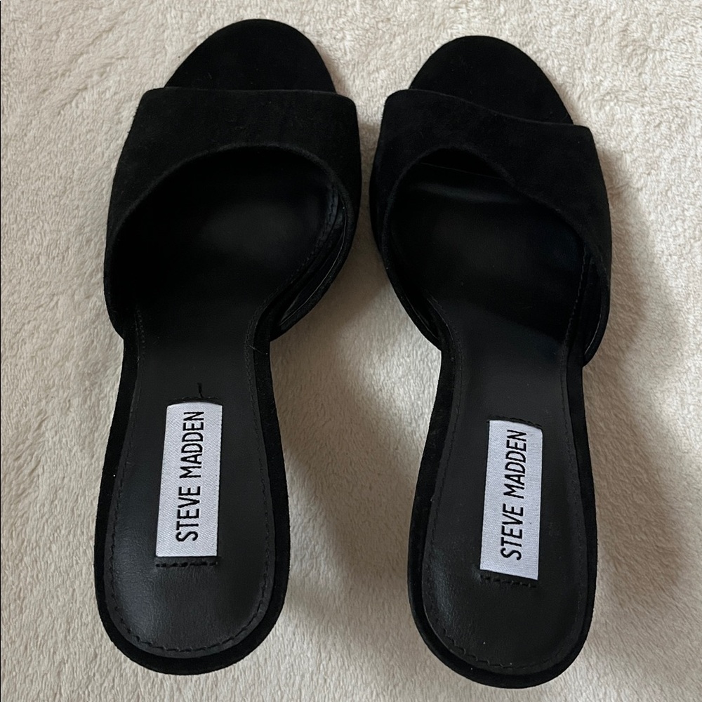 Black Suede “Erin” Steve Madden Heels Sandals Mules sz 8.5 New - Picture 5 of 11